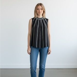 Sleeveless Black Patterned Mock-Neck Top